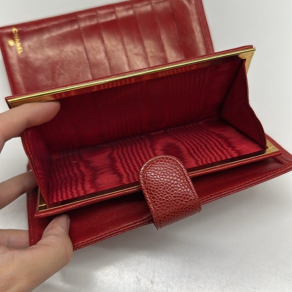 Chanel CC Wallet Interlocking Logo Caviar Leather Long Bifold Red Gold Vintage - Picture 9 of 14
